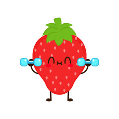 Cute funny strawberry fruit is doing gym with dumbbells