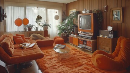 Aerial View of 1970s Style Living Space, generative ai