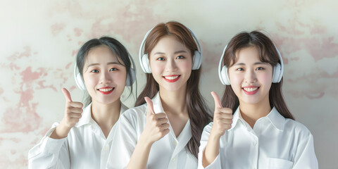 Three smiling women with headphones giving thumbs up in bright studio