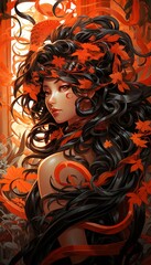 A woman with long black hair and red eyes stands in a field of red flowers. She is wearing a white dress and has a red scarf around her neck. The background is a blur of red and orange colors.