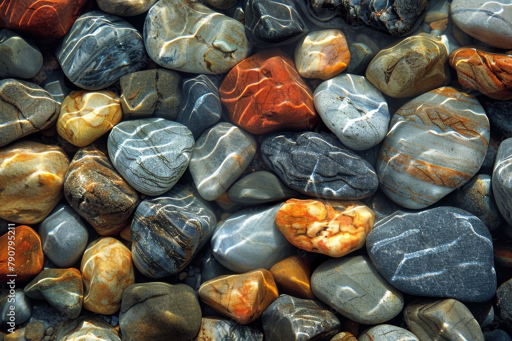 Poster the image shows a detailed close-up of multicolored smooth stones, highlighting their unique pattern