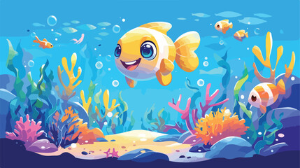 Fototapeta na wymiar Cartoon tropical fish with Beautiful Underwater Wor