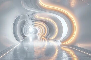 Obraz premium The inviting curves and warm orange glow gives this tunnel a futuristic feel, while the reflective floor adds depth
