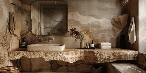 Bathroom with a large rough marble countertop with veining and a sink, earth tone colors and organic stone sculptures.