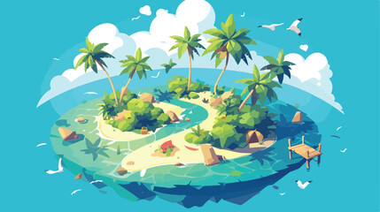 Fototapeta na wymiar Cartoon tropical island in ocean. Top view exotic i