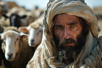 A stoic, bearded shepherd in traditional attire with his flock in the desert, showcasing a nomadic lifestyle