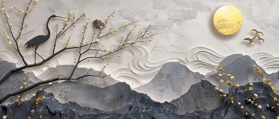 Foto auf Alu-Dibond Landscape with gold silhouette crane birds. Chinese wave decorations in vintage style with grey circle watercolor texture. Geometric branch of flower decoration. © Zaleman