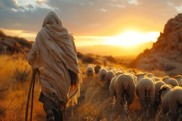 A dramatic image of a shepherd with his sheep in the dwindling daylight, illuminated by the fiery sunset