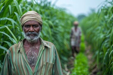 An Indian farmer with a turban standing in a lush green sugarcane field, with an expression of resilience - obrazy, fototapety, plakaty
