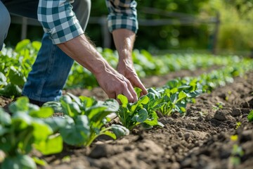 Fototapeta premium An organic farmer setting up a drip irrigation system in a vegetable plot, demonstrating water conservation techniques, space for text at the bottom