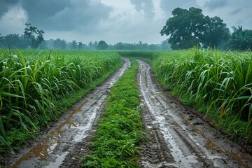 Fototapeta na wymiar Rural landscape showing a muddy road curving through expansive, lush fields of sugarcane under overcast skies