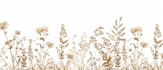 Modern illustration of a brown meadow of flowers and herbs isolated on a white background, suitable for design elements and wedding moderns. Hand drawn illustration.