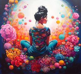 A young asian woman sits in a big bubble and meditates. Illustration for motivation and self-discovery in difficult times.