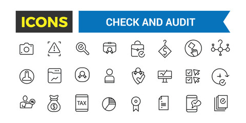 Check And Audit Line Icons Collection, Audit And Business Line Icons Collection, Big Ui Icon Set In A Flat Design, Vector Illustration