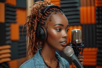 A young female singer with dreadlocks records a song at a professional studio