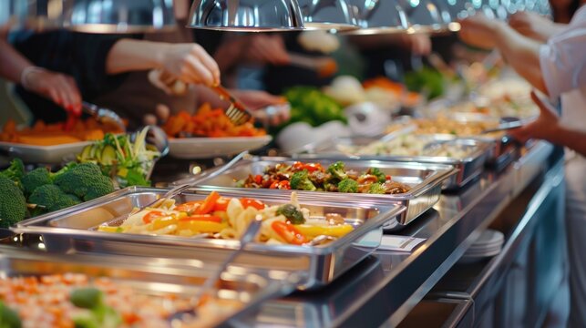Patrons are selecting dishes from the buffet line at the restaurant