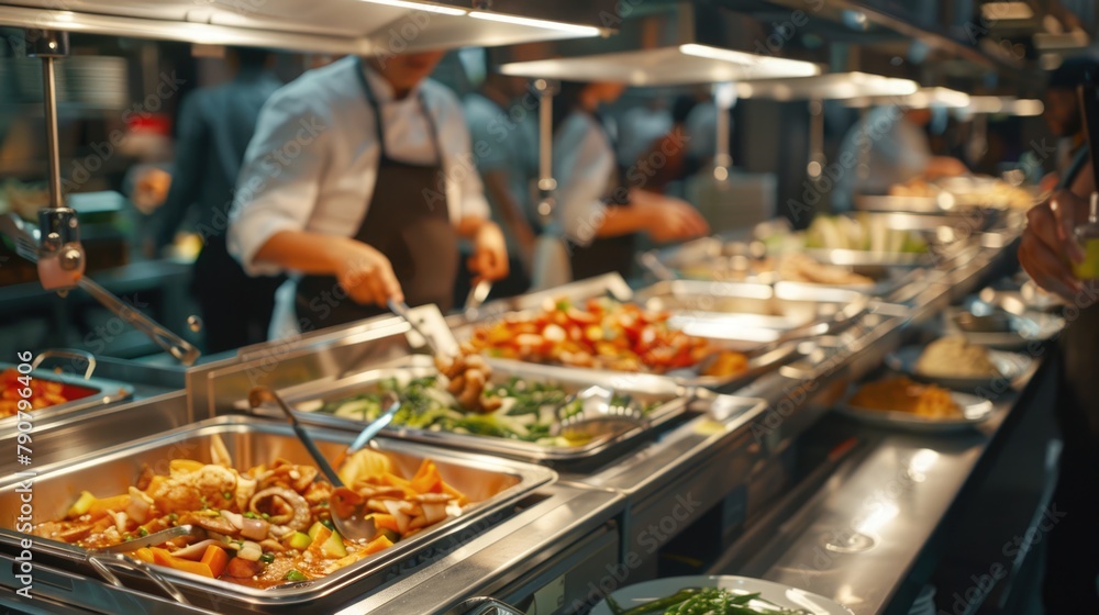 Wall mural customers selecting dishes from a buffet line filled with fresh ingredients and natural foods, inclu