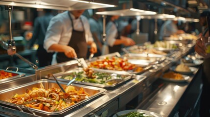 Customers selecting dishes from a buffet line filled with fresh ingredients and natural foods, including salads, garnishes. People choose different meals at all inclusive restaurant. Self service cafe