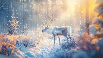 Magical Winter Forest with Reindeer and Sunlight Streaming Through Pines