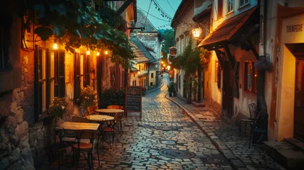 Behangcirkel An old tavern on an old narrow paved street in a lovely old town in the evening © Adrian Grosu
