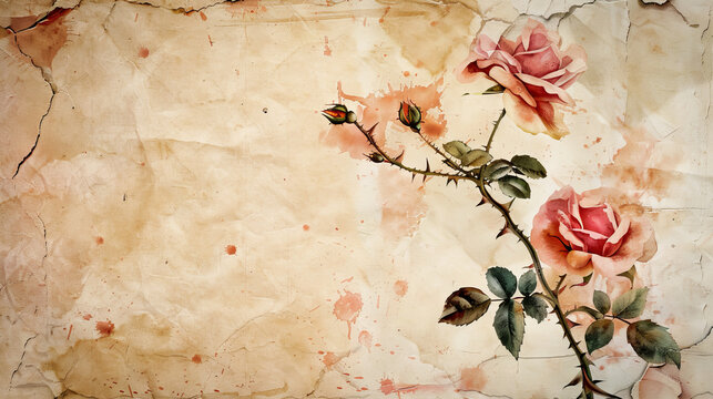 Watercolor textured worn old paper with torned roses on borders