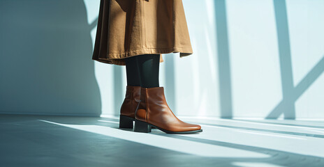 Stylish Brown Leather Ankle Boots Paired with Black Tights in Sunlit Room