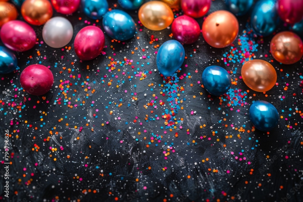 Aufkleber an array of metallic balloons with colorful confetti scattered on a dark surface evoke festivity and