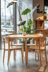 Obraz premium Wooden Table and Chairs in Modern Cafe Interior
