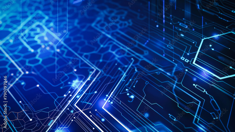 Poster a blue abstract technology background with white hexagon and circuit lines