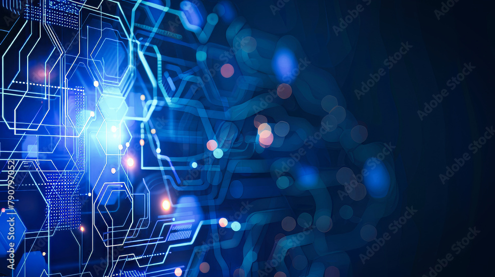 Poster a blue abstract technology background with white hexagon and circuit lines