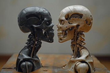 Image showing juxtaposition of robot and human skeleton heads