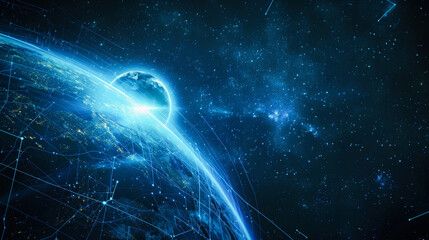 Abstract glowing light lines on planet Earth in the dark space grid, global network concept