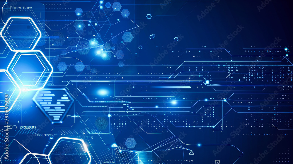 Poster a blue abstract technology background with white hexagon and circuit lines