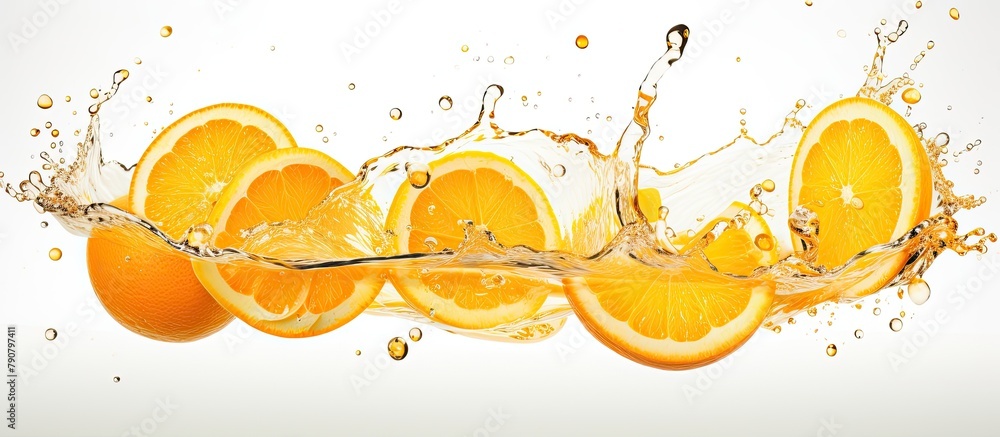 Poster oranges getting wet and slices falling