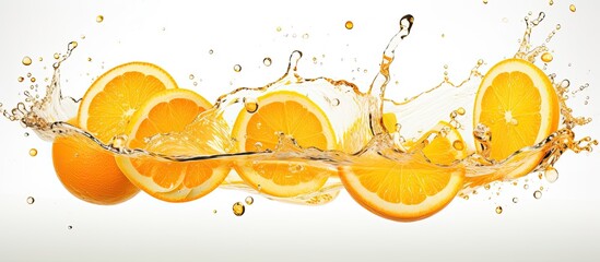 Oranges getting wet and slices falling - obrazy, fototapety, plakaty
