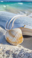 Open book and pearl necklace on a sandy beach with a shell pendant