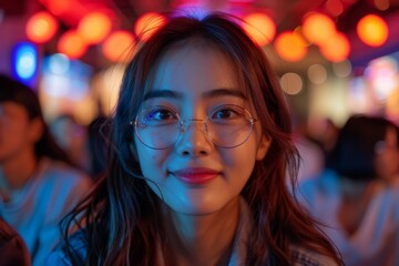 Alluring young woman with glasses smiling in a neon light setting at night