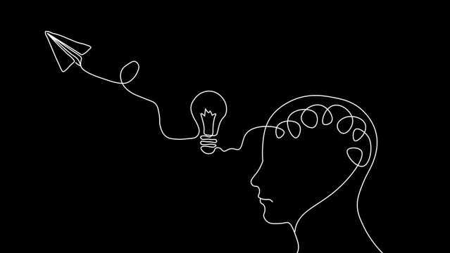 Success Idea Concept with Human Brain, light bulb and flying paper airplane drawing line animation in black background. Creative Mind, Innovation, Creativity and brainstorm 