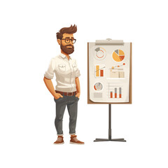 A well-dressed young professional stands with confidence beside a large presentation board showcasing colorful charts, graphs, and data analysis. a flat illustration isolated on a white background, a 