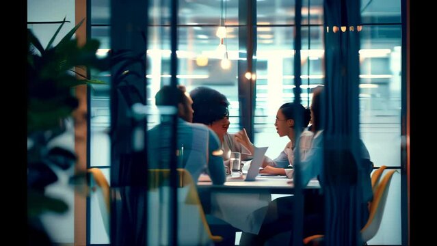 slow motion video of Diverse Team in Strategic Meeting in Modern Glass-Walled Office