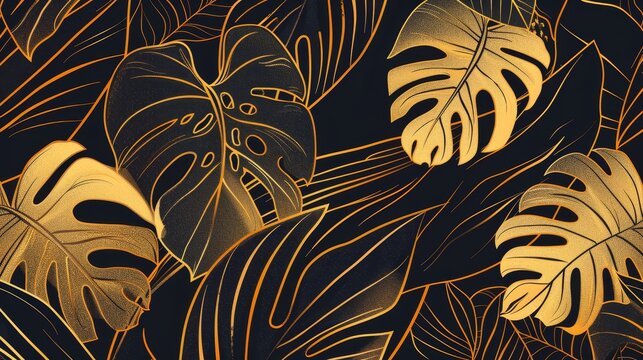 Art deco golden wallpaper. Monera plant line art on dark gray background. Floral pattern with golden split-leaf Philodendron plant. Modern illustration.