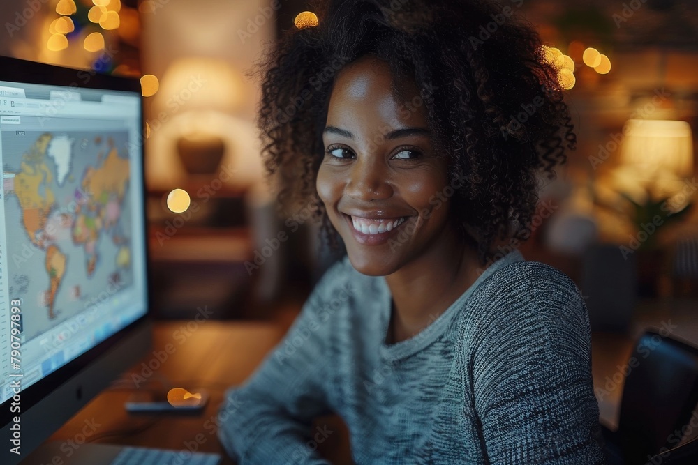 Poster an image of an attractive woman working in a modern office, looking at a computer screen with a worl