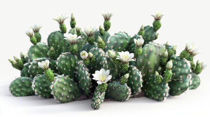 A bunch of cactus plants with white flowers