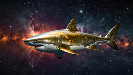 great white shark with open jaws and golden skin floating in infinite space with nebulae in the...