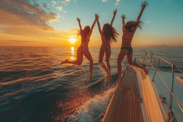 Euphoric friends jump from a yacht into the ocean at sunset, symbolizing freedom, joy, and living...