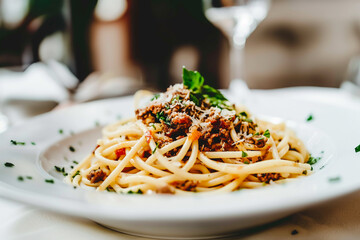tasty and delicious italian spaghetti bolognese on a white plate in the restaurant