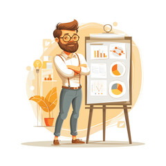 A well-dressed young professional stands with confidence beside a large presentation board showcasing colorful charts, graphs, and data analysis. a flat illustration isolated on a white background, a 