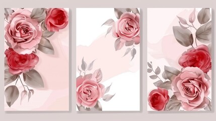 Modern set of pink and red rose floral watercolor wedding invitations. Luxury invitation card layouts, VIP invitations, and cover templates.