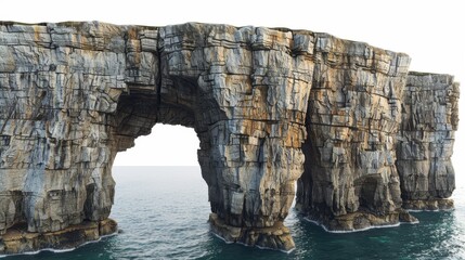 A large rock bridge spans a wide body of water