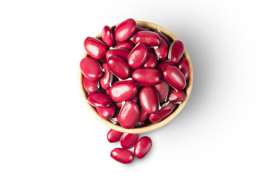 Red sword bean, Red Jack bean, Canavallia, in wooden bowl, isolated on white background, with clipping path. Top view.